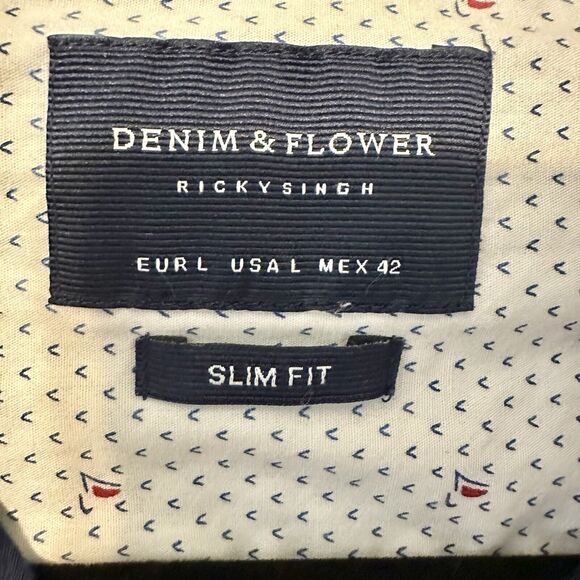 Denim & Flower Ricky Singh Men's L Shirt Navy Blue White Pin Dot Slim Fit Cotton - Picture 6 of 16